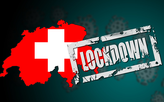 A 3D rendering of Switzerland map and flag with a lockdown stamp