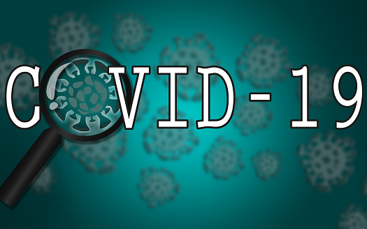 A 3D rendering of the word 'covid-19' with a magnifying glass and icons