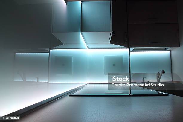 Modern Luxury Kitchen With White Led Lighting Stock Photo - Download Image Now - Kitchen, Glass - Material, LED Light