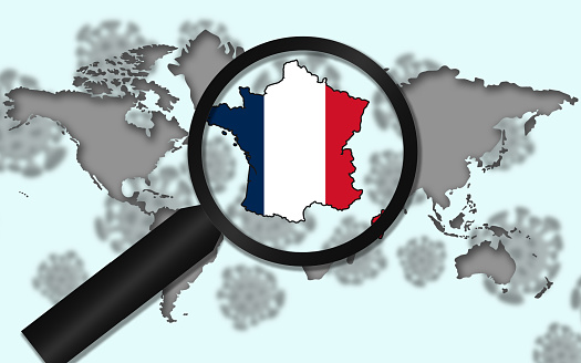 A 3D rendering illustration of France coronavirus crisis with a magnifying glass
