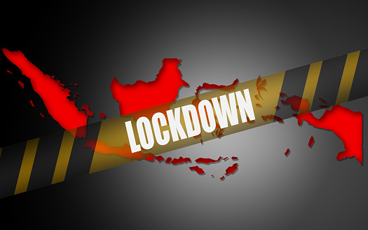 A 3D rendering illustration of Indonesia map and seal with lockdown text
