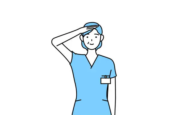 Vector illustration of Middle aged, Senior Female nurse, physical therapist, occupational therapist, speech therapist, nursing assistant in Uniform making a salute.