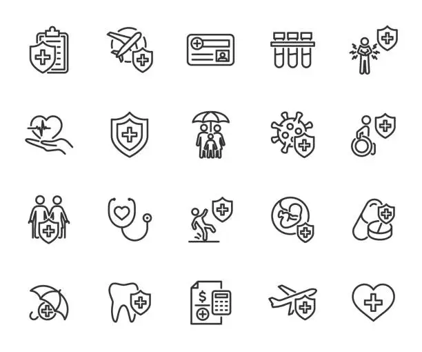 Vector illustration of Vector set of medical insurance line icons. Contains icons insurance life, accident, travel, illness, family, insurance card, medical test and more. Pixel perfect.