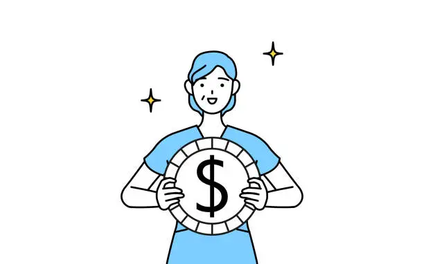 Vector illustration of Middle aged, Senior Female nurse, physical therapist, occupational therapist, speech therapist, nursing assistant in Uniform with images of foreign exchange gains and dollar appreciation.