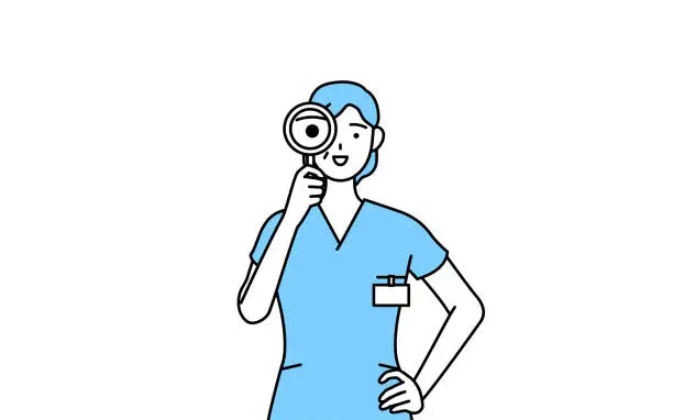 Vector illustration of Middle aged, Senior Female nurse, physical therapist, occupational therapist, speech therapist, nursing assistant in Uniform looking through magnifying glasses