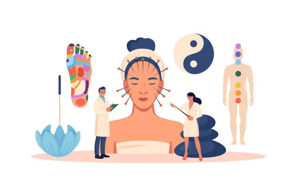 Vector illustration of Chinese traditional alternative medicine. Acupuncture, treatment of internal organs. Practitioner therapist, acupuncturist working on female patient. Aromatherapy. Stress relief, healing process