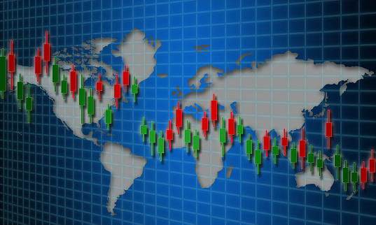 A 3D rendering of the candlestick graph chart of the stock market
