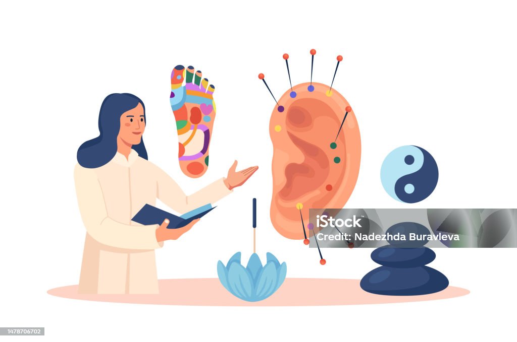 침술 요법 질병 예방을위한 중국 전통 대체 의학 귀 발 손바닥 손의 반사 영역 스트레스 해소 치유 과정 귀 지점에 바늘을 ...