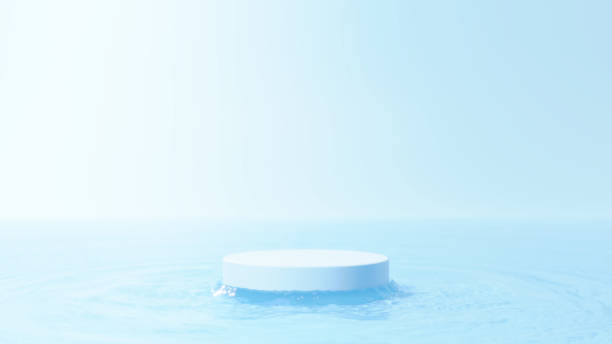 3Dイラスト水面に浮かぶ白い柱の台座。海と同じくらいの広さの空間。(水平)