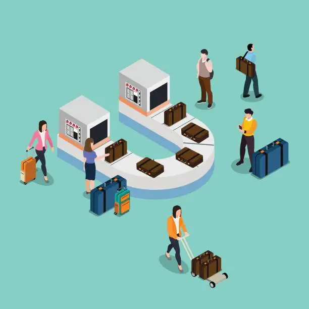 Vector illustration of Baggage conveyor belt area at airport isometric 3d