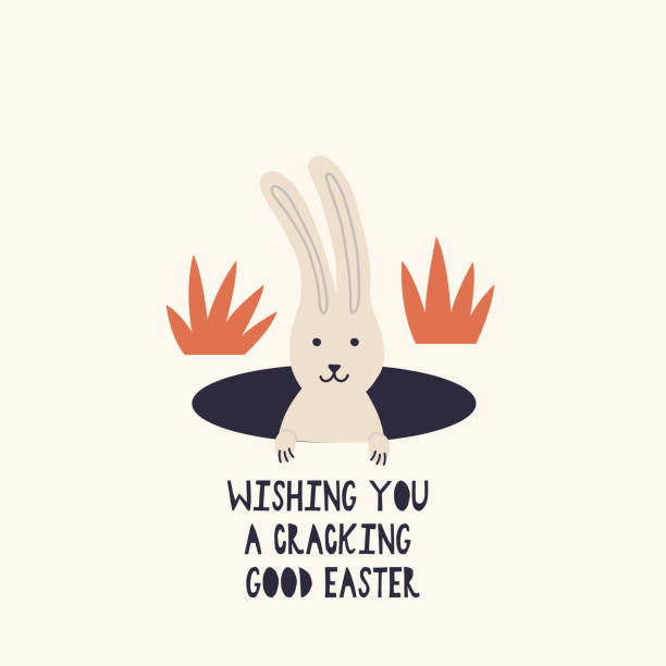 Easter Bunny sits in a burrow Easter Bunny sits in a burrow. Cartoon Rabbit character. Happy Easter holiday concept for egg hunt design, print, social media, poster, postcard. Modern Flat Style easter bunny and egg holiday postcard stock illustrations