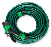 Garden Hose Pipe with Spray Gun, green color, top view isolated on white background with clipping path