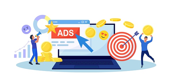 Pay Per Click concept. Advertising marketing in the internet. PPC business, CPC technology, sponsored listing. Tiny characters standing near laptop screen with cursor clicking on ad button. Web search