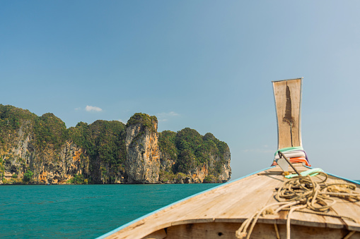 Scenic view of  Railey beach in  Krabi Province from Thai taxi boat