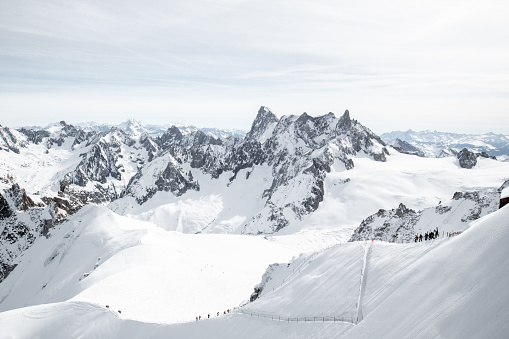 Chamonix winter mountain peaks from the ski slopes
