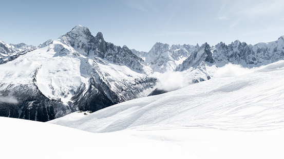 Chamonix winter mountain peaks from the ski slopes