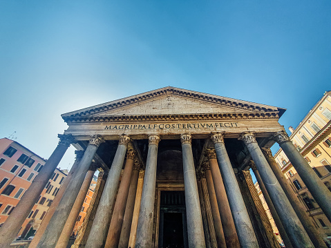 Pantheon on Piazza della Rotonda in Rome, Italy. It is a Roman temple dedicated to all the gods of pagan Rome
