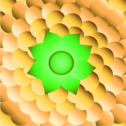 Vector graphics. Abstract background in golden tones from gradient circles. In the middle is a green gradient flower.