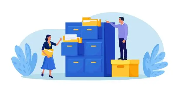 Vector illustration of Document archiving and storage. Business people search files in archives. Support service, database. Men working with information, documents and statistics in analytical department. Folder in archive