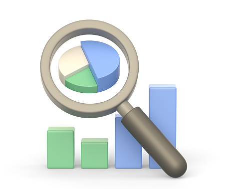 Realistic 3d icon of statistics graph and magnifying glass isolated on white background. Statistics, science research or business analytics concept. 3D Illustration