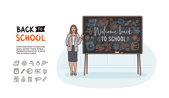 Illustration of a female teacher pointing at a chalkboard with welcome back to school drawing. Back to school concept. Hand drawn education icon set.