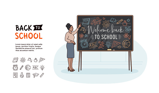Illustration of a black female teacher pointing at a chalkboard with welcome back to school drawing. Back to school concept. Hand drawn education icon set.