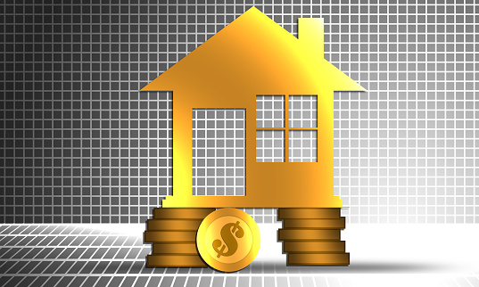 A 3D rendering of a house standing on stacks of coins