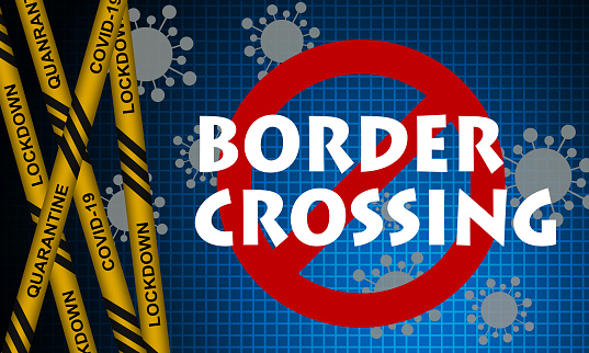 A 3D rendering illustration of No border crossing sign with virus in background