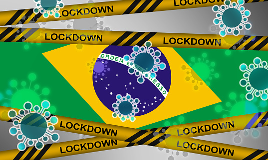 A pandemic warning poster with Brazil flag and lockdown banners