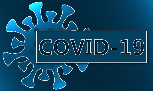A 3D rendering illustration of Coronavirus Covid 19 with a blue background