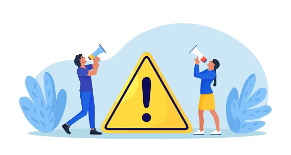 Businessmen holding megaphone with important announcement. Attention or warning information. People shouting breaking news or urgent message, standing near exclamation sign. Marketing and advertising