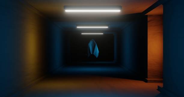 istock Long scary mysterious tunnel with illuminated orange lights and a ghost creeping at the end 1478720002