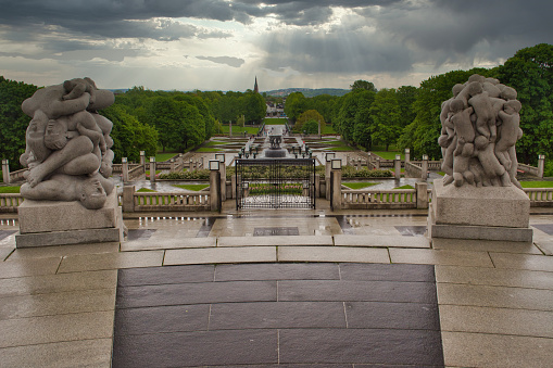 Oslo, Norway – May 28, 2015: Oslo, Norway, May 2015: View on Frogner Park as seen from Monolith monument by Vigeland.