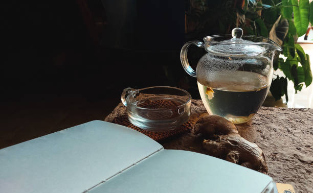 istock Blank writing journal and a pot of ginger tea 1478721031