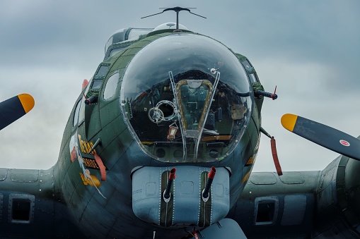 Olathe, United States – November 01, 2022: A closeup of the nose of B-17G Flying Fortress Texas Raiders.
