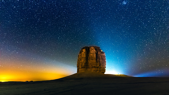 A mesmerizing view of Devil thumb or Judah thumb near Riyadh Desert with a wonderful starry sky, Saudi Arabia