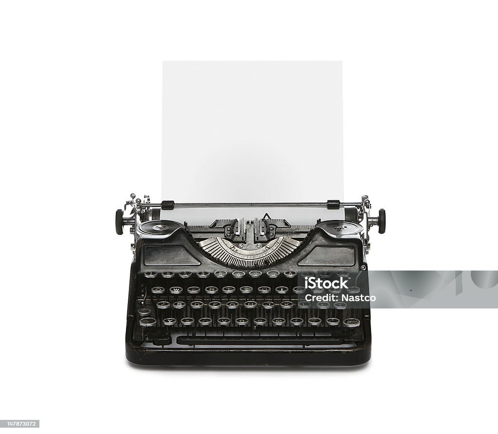 Old typewriter with copy space Retro rusty typewriter with paper sheet isolated on white background Typewriter Stock Photo