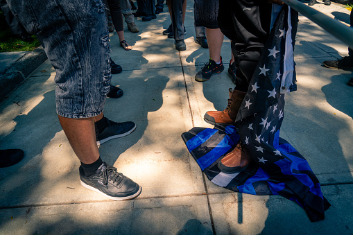 Albany, United States – August 02, 2020: Blue Lives Matter and Black Lives Matter protesters clash in front of the New York State Capitol building in Albany, New York