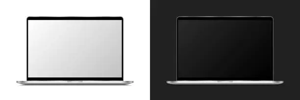 Vector illustration of Modern realistic silver grey open laptop on white and black background isolated. computer notebook with empty screen. blank copy space on modern mobile mock up. Mock-up PC display for presentation.