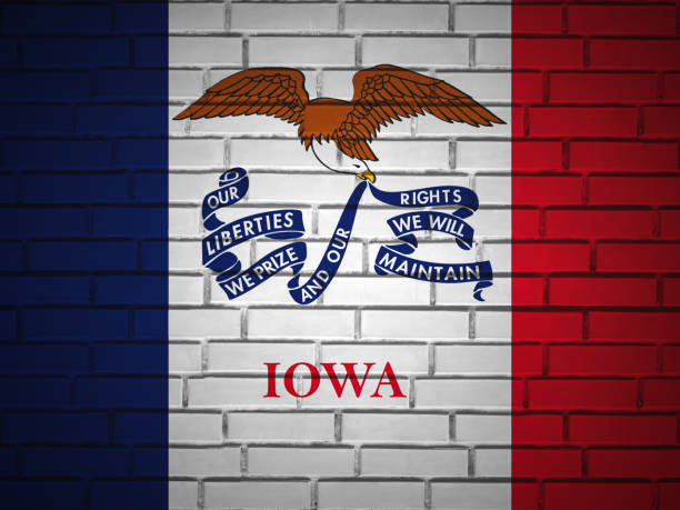 Brick wall Iowa state flag Brick wall Iowa state flag background. 3d illustration. iowa flag stock pictures, royalty-free photos & images
