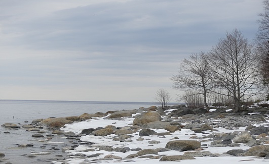 Stony landscape near the sea during winter