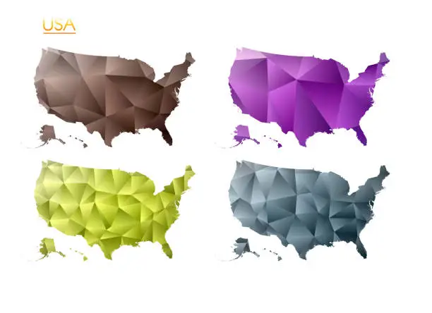 Vector illustration of Set of vector polygonal maps of USA. Bright gradient map of country in low poly style. Multicolored USA map in geometric style for your infographics. Stylish vector illustration.