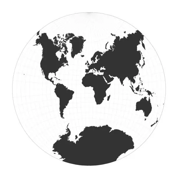 Vector illustration of Map of The World. Van der Grinten II projection. Globe with latitude and longitude net. World map on meridians and parallels background. Vector illustration.