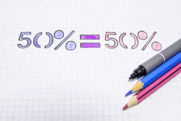 A notebook with drawing of 50%=50% representing equality between men-women
