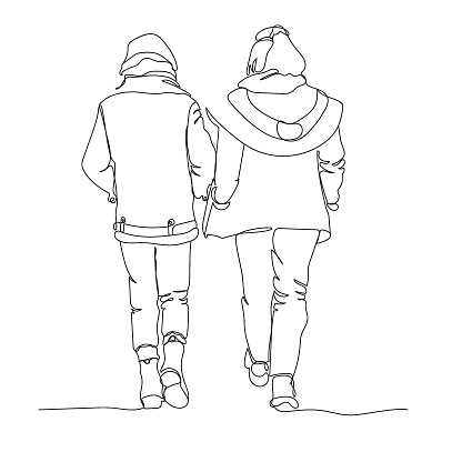 2 women walking away and talking. Wearing warm jackets and winter shoes. Back side view. Vector black and white illustration in line art style.