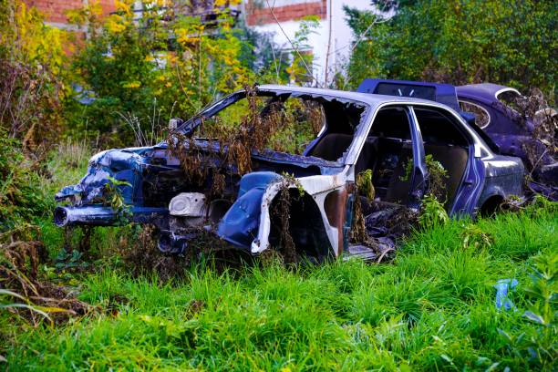 istock Old broken car in a green field 1478751972
