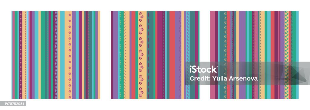 Same Color Pattern 3 Striped Seamless Patterns With Ornament In Same Color Scheme Isolated ...