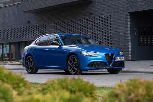 Berlin, Germany - 23 March, 2023: Alfa Romeo Giulia on a street. This model is the most luxury sedan from Italian automotive brands on a market.