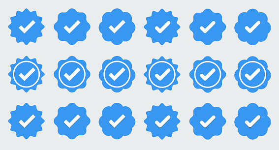 Huge set of blue check mark icons. Flat line art symbols