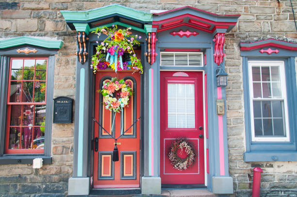 Colorfull doors and decorations on homes within the town of Jim Thorpe Pennsylvania.